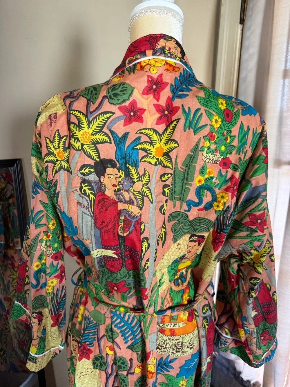 Indian Handmade Frida Kahlo Woman’s Kimono Multicolor Printed 100% Cotton Robe